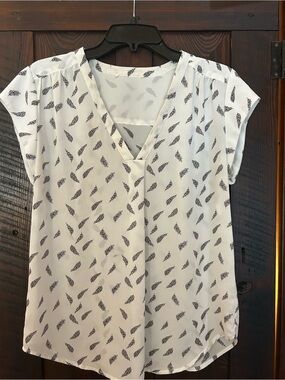 White V-Neck Blouse with Black Feather Print